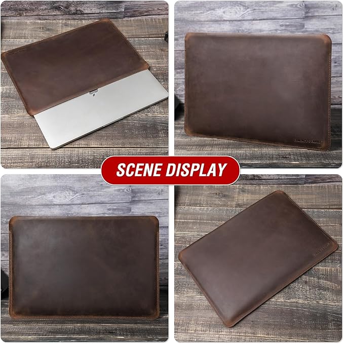Top Grain Leather 13.3" Slim Laptop Sleeve Protector, Solid Minimalist Vintage Design, Handmade, Compatible with MacBook Pro 13.3" MacBook Air 2022 DELL XPS 13" & Other PC, Coffee 13.3 Inch