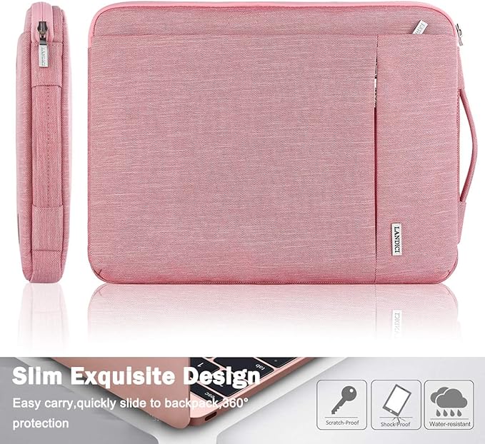 LANDICI 360° Protective Laptop Sleeve 13-14 Inch, Computer Bag Carrying Case for MacBook Air 13 M1/M2, MacBook Pro 13/14, Chromebook 14, Women, Slim, Shockproof, Waterproof, Pink