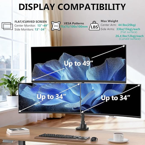 WALI Triple Monitor Mount - Extra Tall 3 Monitor Desk Mount for 13-49 Inch Ultrawide Screens, Up to 44 lbs, Fully Adjustable Heavy Duty Monitor Arm, VESA 75/100 mm (GSDM003-P), Black