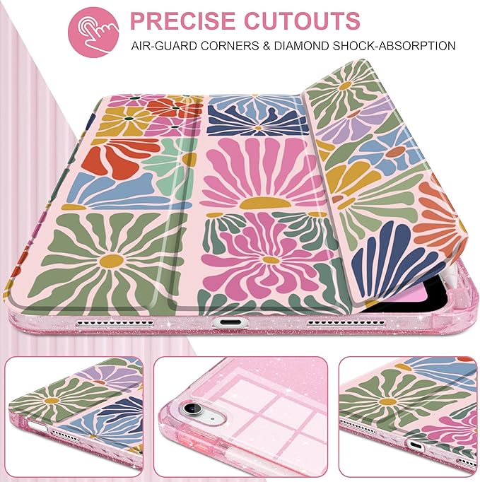 DONGKE for iPad Pro 11 inch Case – Fits M5 2025 / M4 2024, Shockproof Sparkling Glitter Acrylic Back, Pencil Holder, Trifold Stand, Auto Sleep/Wake & Touch ID Support - Colorful Florals