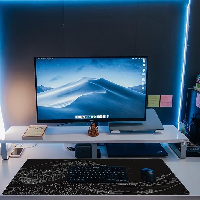 Desk Mat, Black Japanese Sea Wave Desk Pad, Extended Big Computer Keyboard Mouse Pad with Non-Slip Base and Stitched Edge, 35.4"x15.7"