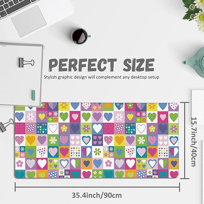 Extended Gaming Mouse Pad Checkered Heart Flower Large Mousepad with Stitched Edges,Anti-Slip Rubber Base Keyboard Mouse Mat Desk Pad for Gaming Home Office 35.4 x 15.7 inches