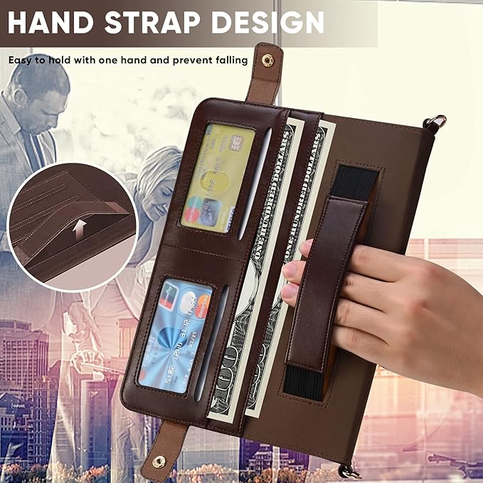Handbag Case for iPad (A16) 11" 2025 & iPad 10th Gen 10.9", Techcircle Folio Stand PU Leather Crossbody Cover with Pencil Holder+Card Slots Wallet Case w/Shoulder Strap+Hand Strap, Dark Brown