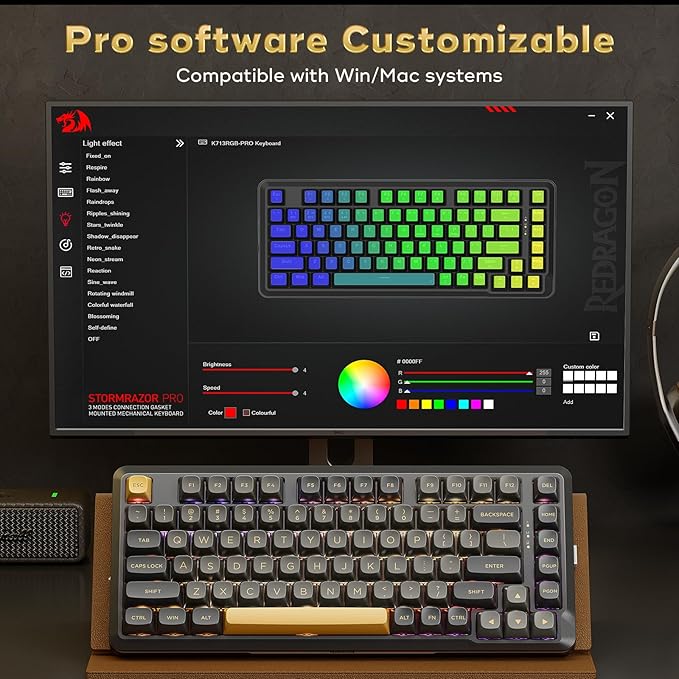 Redragon K738 Wireless Mechanical Keyboard, Gasket Mounted RGB Gaming Keyboard, 3-Mode (2.4G/BT/USB), Pre-lubed Linear Switches, 75％ Layout, 82 Keys Hot Swappable for PC/Mac - Black Gold
