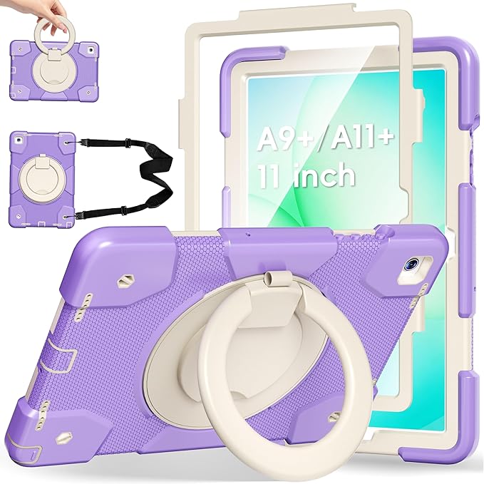 Andnary Case for Samsung Galaxy Tab A11+ Plus/A9+ 11 Inch 2025/2023, Tablet Case for Samsung Galaxy A9 Plus/A11+ with Screen Protector/360° Rotating Stand/Pen Holder/Shoulder Strap (Purple)
