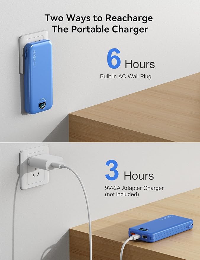 10000mAh Ultra-Portable-Charger-Power-Bank with Built in Cables&AC Wall Plug, PD20W USB-C Fast Charging Cell Phone Charger Battery Pack,LED Display Travel Battery Bank for All iPhone,Samsung,Android