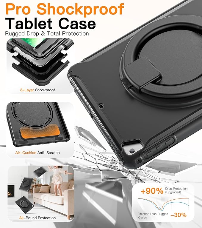 BATYUE Case for iPad 6th Generation 9.7 inch 2018, iPad 5th Gen 2017, iPad Air 2/ iPad Pro 9.7'' Shockproof Protective Cover with Pencil Holder &Rotating Kickstand for Kids,Boys,Girls, Black