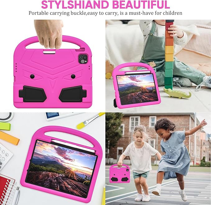 Kids Case for Apple iPad Air 11 inch M3/M2 & iPad Pro 11 inch M5/M4 (2025/2024) with Pencil Holder/Handle/Kickstand Lightweight Soft EVA Foam Shockproof Stand Girls Boys Cover, Pink Bird