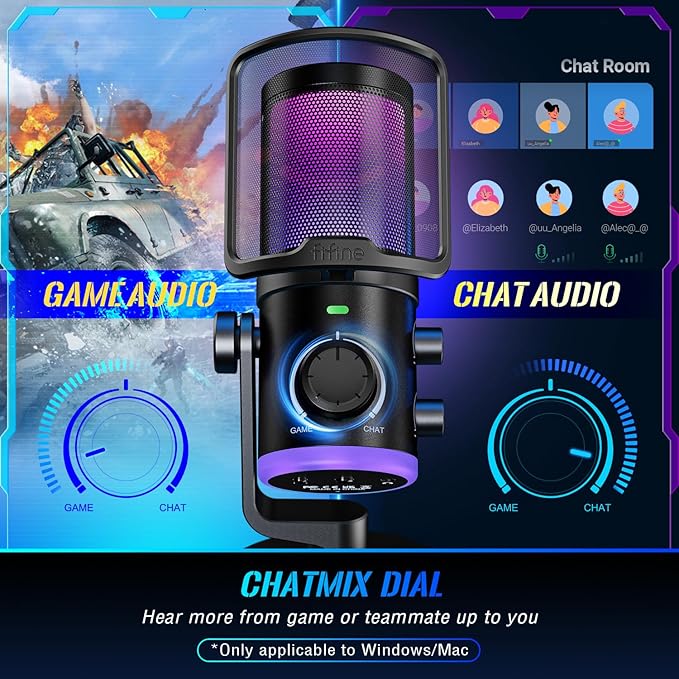 FIFINE Gaming PC Microphone, USB Streaming Microphone with Game Chat Balance, Computer Condenser Desktop RGB Mic with Mute Button, Noise Cancellation for Podcast/Twitch/Discord-AMPLIGAME AM6