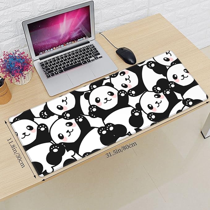 Cute Panda Print Mouse Pad Extended Large Gaming Mouse Pad XL Oversized Desk Pad Stitched Edges Non-Slip Mat 31.5 X 11.8 Inch
