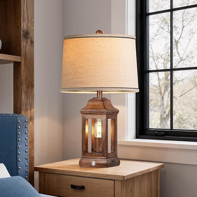 24" Rustic Farmhouse Table Lamps for Living Room Set of 2, Touch Dimmable Nightlight Vintage Bedside Lamps with USB A+C Ports & Dual Light Sources for Bedroom Nightstand End Table, Wood Grain
