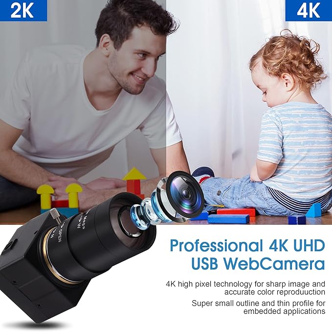 4K USB Camera 5-50mm 10X Optical Zoom Manual Lens 2160P CS-Mount USB Webcam Varifocus Camera Close-up Plug and Play Compatible for Windows Mac OS X Linux