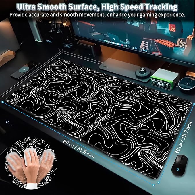 Topographic Map Large Mouse Pad, Black White Desk Pad for Keyboard and Mouse, 31.5" X 15.7" Computer Gaming Mouse Mat with Non-Slip Rubber Stitched Edge for Laptop Gamer, Black Lines Contour