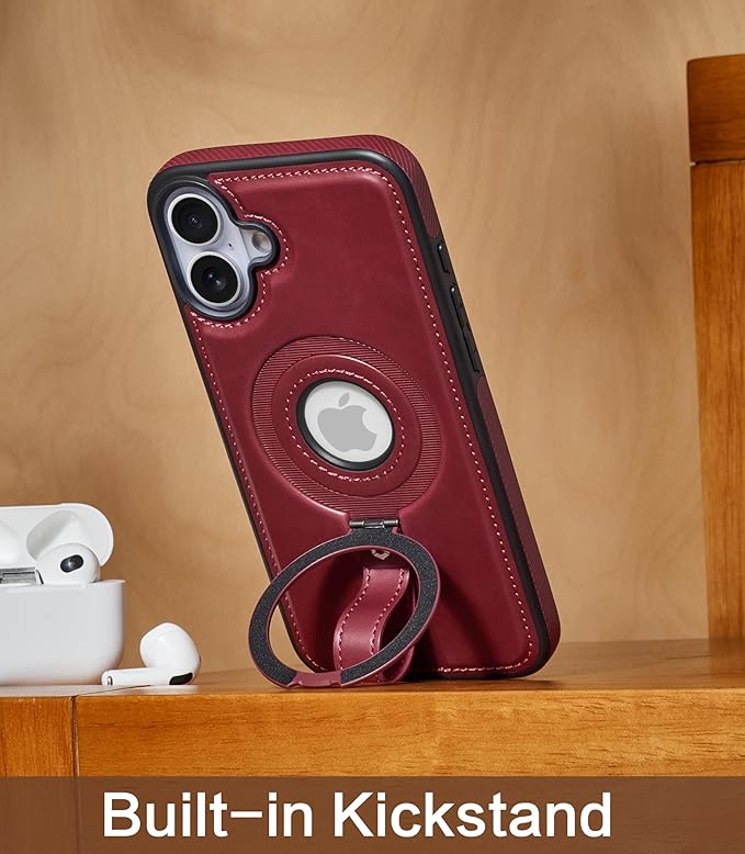 Butaiga for iPhone 16 Leather Case with Stand, Anti-Slip Grip Ring, Fits for MagSafe (Burgundy, iPhone 16)