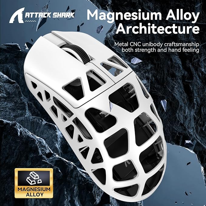 FELICON x Attack Shark R3 Magnesium Alloy Wireless Gaming Mouse, 46g Ultra-Lightweight Skeletal Shell, PAW3395 26K DPI, 8K Polling, Tri-Mode 2.4G/BT/Wired, for PC Mac Laptop - White
