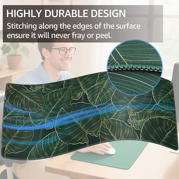 KTRIO Large Gaming Mouse Pad Desk Mat, Superior Micro-Weave Cloth, Non-Slip Rubber Base, Stitched Edges, Water-Resistant, for Gamer, Office & Home, 31.5 x 15.7 Inch，Golden Leaves