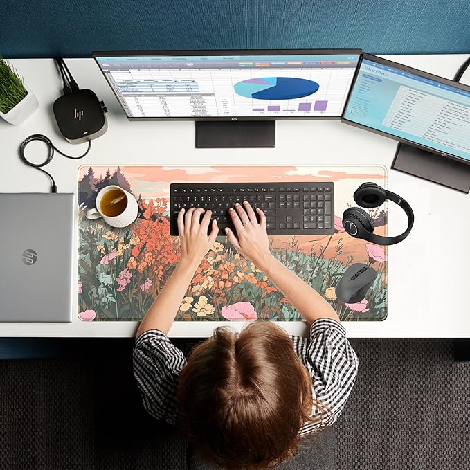 Desk Mouse Pad Large Desk Mat Botanical Flowers Mouse Mat Gaming, Extended Floral Keyboard Pad XXL, Long Desktop Laptop Mat Aesthetic Watercolor Wildflower Office Decor for Women 31.5x15.7 Inch