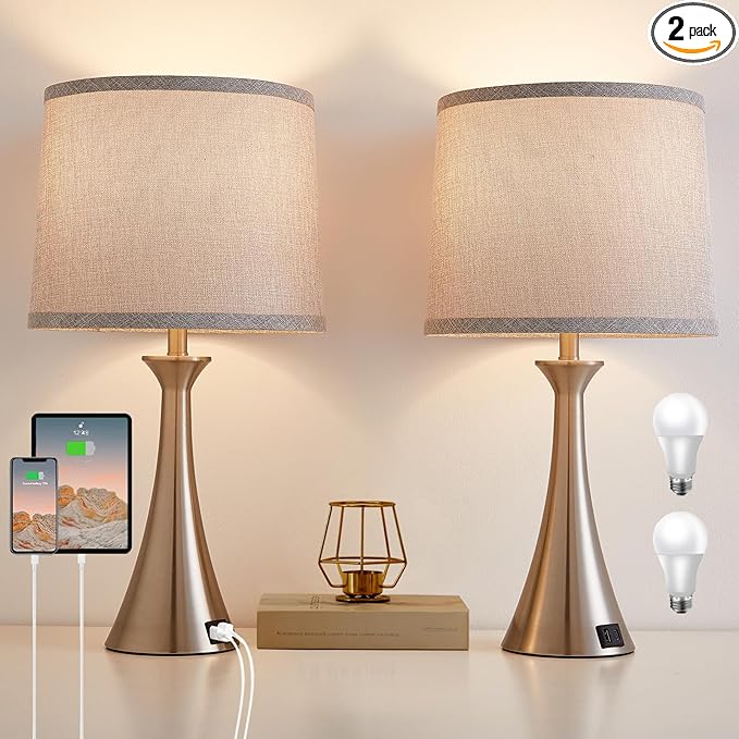 Touch Lamp for Living Room Bedroom, 21" Table Lamps Set of 2 with USB C+A Ports and Grey Lamp Shades, Touch Bedside Lamps for Nightstand with 3 Way Dimmable, 2 LED Bulbs Included, Silver