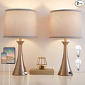 Touch Lamp for Living Room Bedroom, 21" Table Lamps Set of 2 with USB C+A Ports and Grey Lamp Shades, Touch Bedside Lamps for Nightstand with 3 Way Dimmable, 2 LED Bulbs Included, Silver