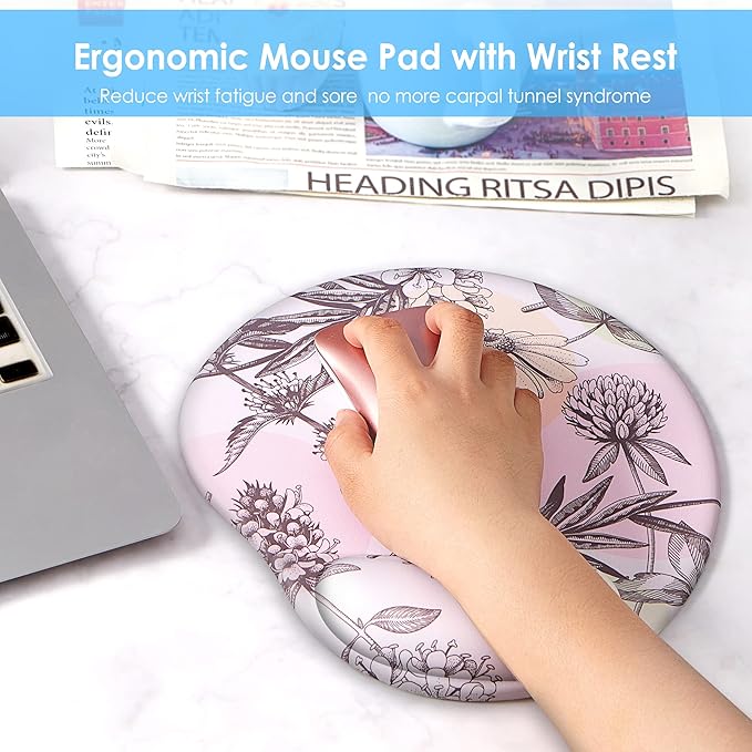 Ergonomic Mouse Pad with Wrist Support Cute Mouse Pads with Wrist Rest,Comfortable Mouse Pad for Home Office Gaming Working Computers Laptop Pain Relief with Non-Slip PU Base (Cute Floral)