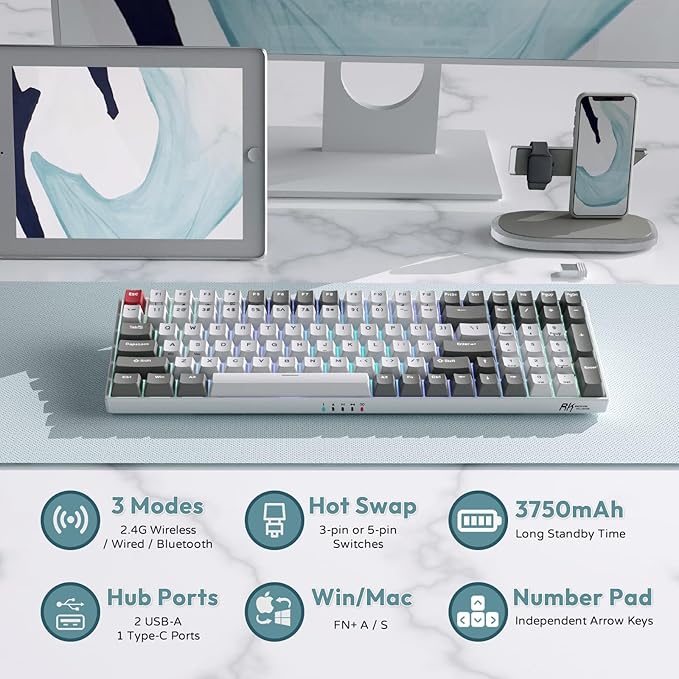 RK ROYAL KLUDGE RK100 Wireless Mechanical Keyboard RGB Backlit Bluetooth5.1/2.4G/Wired 96% Full Size 100-Key Hot Swappable Gaming Keyboard Brown Switch Carbon