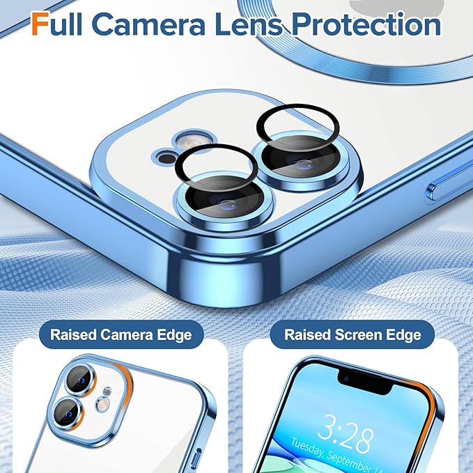 Hython Magnetic Clear for iPhone 11 Case with Camera Lens Protector [Compatible with MagSafe] Luxury Plating Edge Slim Soft TPU Cover Protective Phone Case for iPhone 11 6.1", Light Blue