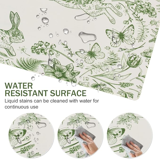 L-SPOUTTO Green Floral Desk Mat for Keyboard and Mouse,Cute XXL Gaming Mouse Pad,Large 35.4x15.7in Non-Slip Rubber Base Keyboard Pad Waterproof Desktop Mat for Laptop Computer Work Home Office-Rabbits