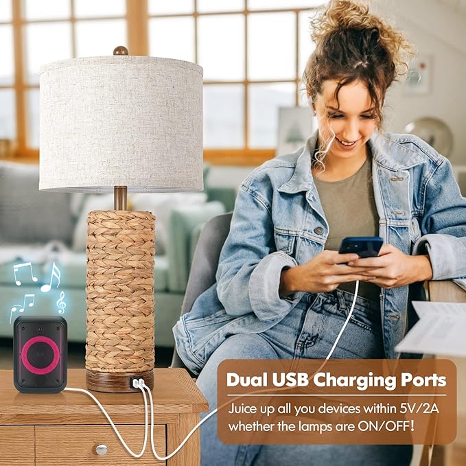 Set of 2 Rattan Table Lamps for Living Room with 2 USB Ports, 27In Tall Bedroom Lamp Costal Farmhouse, Rustic Woven Seagrass Bedside Nightstand Lamps for End Table, E26 Socket&Rotary Switch, No Bulb