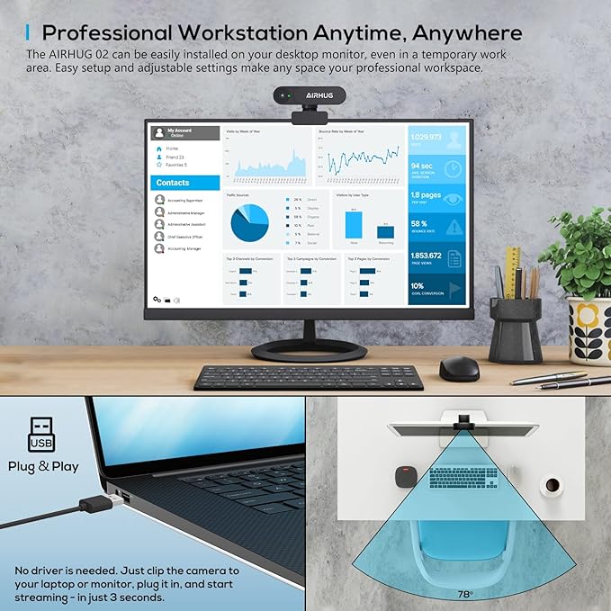 Webcam No Mic with Privacy Cover, USB Web Cam for Computer and Laptop Plug & Play, Web Camera Without Audio, 78° Wide-Angle,for Streaming and Conferencing (2K Webcam No Mic)