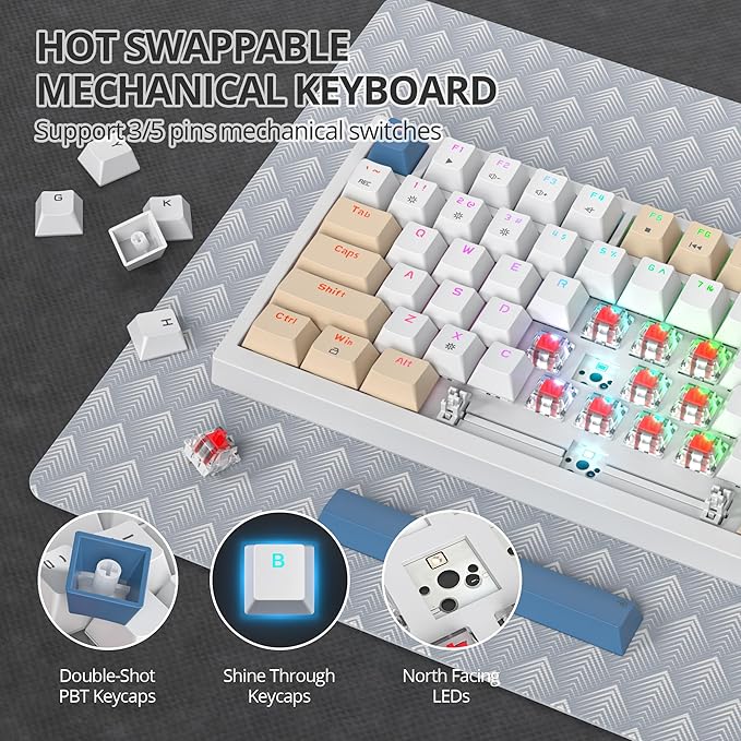 75% Mechanical Creamy Keyboard with Volumn Knob, Gasket Hot Swappable RGB Gaming Keyboard, Wired Custom Keyboard with Red Switch, 82 Keys Compact Creamy White