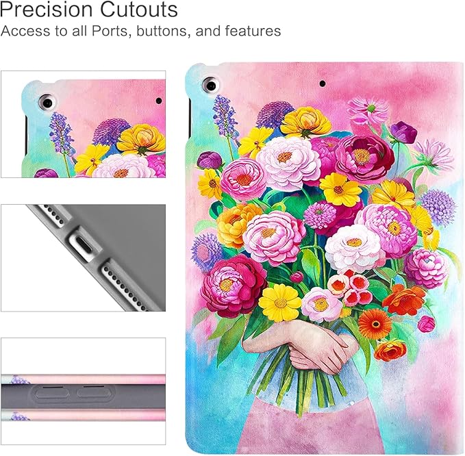 Vimorco for iPad 9th Generation Case, for iPad 7th/8th Generation Case for iPad 10.2 Cover, Auto Sleep/Wake, for iPad Cover 9th Generation Multi-Angle View, Pink and Blue Bouquet Flower
