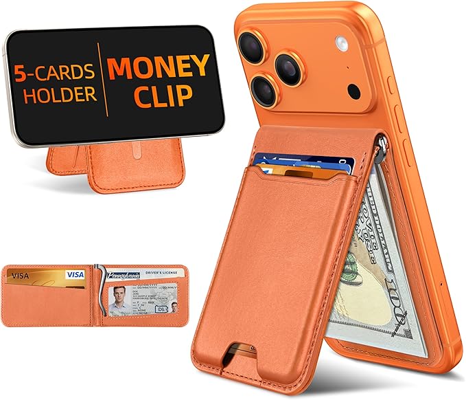 ExtreLife For Magsafe Wallet with Money Clip, Strongest Magnetic Wallet for iPhone 17/16/15/14/13/12 Series, Adjustable Stand, ID Window, 5 Card Holder, RFID Blocking, Not for 13/12 Mini, Orange