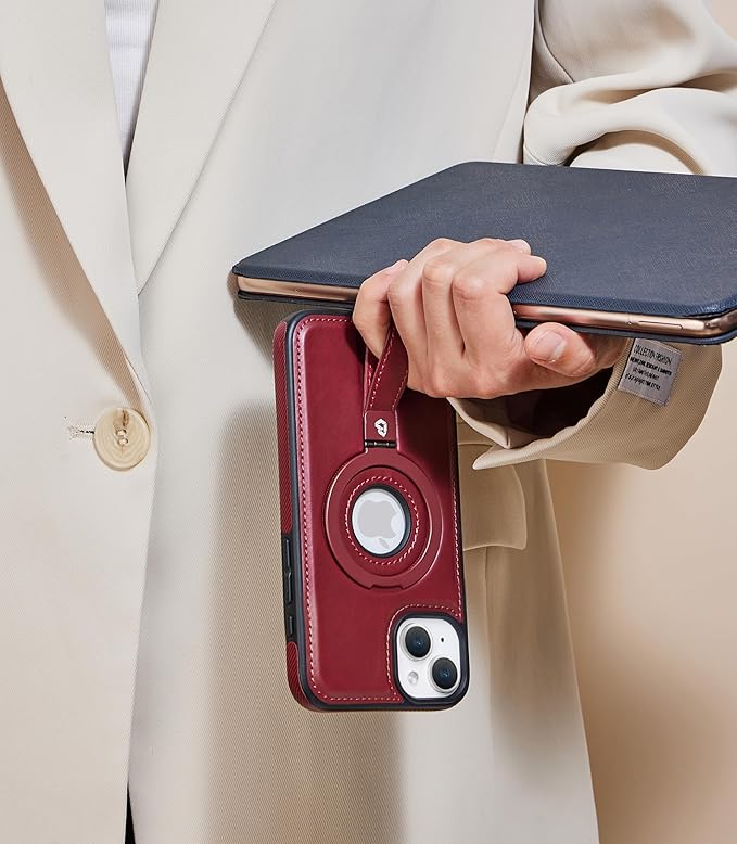 Butaiga for iPhone 14 /iPhone 13 Leather Case with Stand, Anti-Slip Grip Ring, Fits for MagSafe (Burgundy, iPhone 14/13)