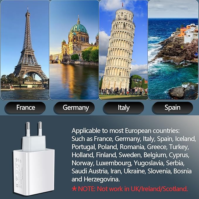 European Travel Plug Adapter USB C, 55W USB C European Charger 4-Port Fast Charger Type C Wall Charger USA to Europe Plug Adapter for iPhone 17 16 15 14 13 12 11 Pro Max X 8, Galaxy, Android