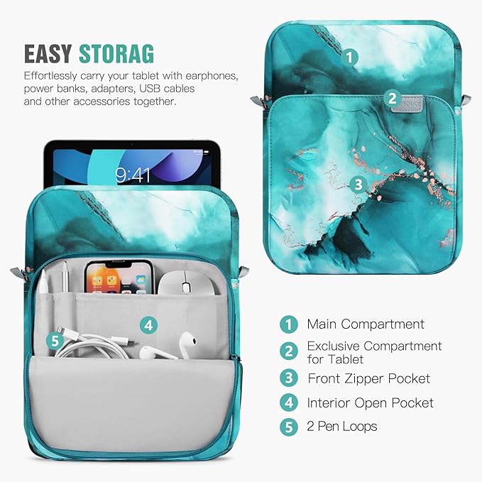 TiMOVO 9-11 Inch Tablet Sleeve Bag with Shoulder Strap for iPad 11-inch A16 2025, iPad 10th Gen. 10.9"/10.2", Galaxy Tab A9+/A11Plus 11", Cloud Peacock Blue