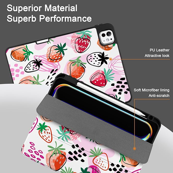 DONGKE Case for iPad Pro 11 inch (M5 2025 / M4 2024, 6th & 5th Generation) – [Built-in Pencil Holder] Ultra Slim PU Leather Trifold Stand Cover with Soft TPU Back, Auto Wake/Sleep, Strawberrys