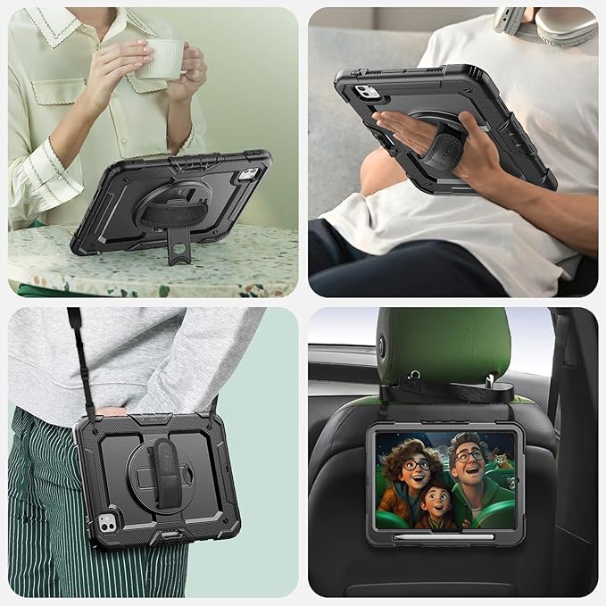 SEYMAC for iPad Pro 11 Inch Case M5 2025 / M4 2024, Heavy Duty Shockproof Protective Case with Screen Protector, 360° Rotating Stand, Hand/Shoulder Strap and Pen Holder, Black