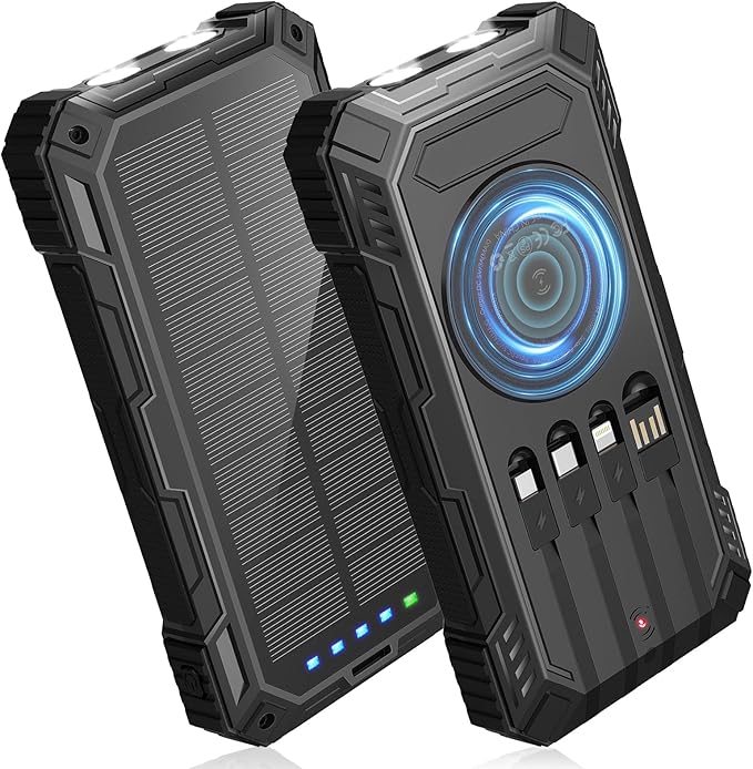 Solar Power Bank,49800mAh Wireless Portable Phone Charger with 4 Built-in Cables,22.5W Fast Charging External Battery Pack PD 3.0 USB-C In/Output for iPhone,Android,iPad,Perfect for Camping/Hiking
