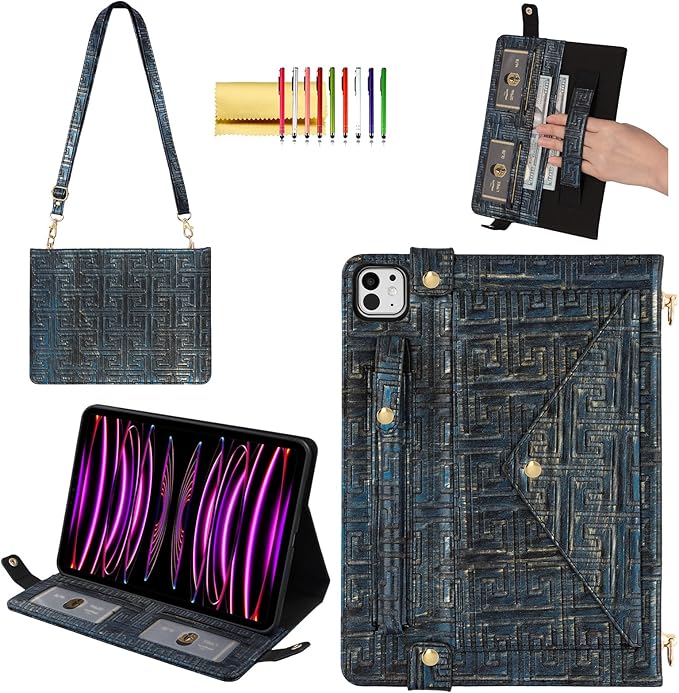 Handbag Case for iPad Pro 12.9" 2018-2022 & iPad Air 13-inch 2024-2025 - Techcircle Vintage Maze Pattern Crossbody Folio Stand Case with Pencil/Card Holder, Hand Grip/Shoulder Strap, Retro Navy