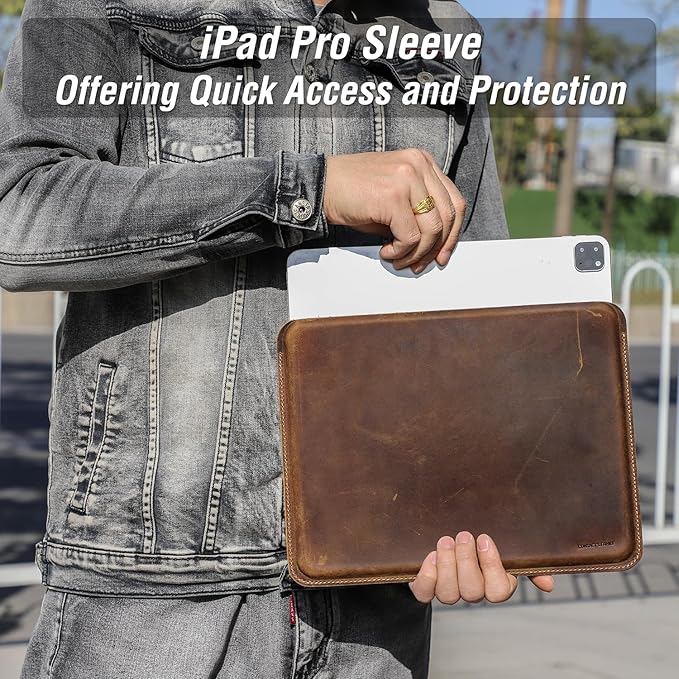 Top Grain Genuine Leather 12.9" iPad Sleeve Case, Minimalist Vintage Design, Handmade, Compatible with 12.9" iPad Pro 3/4/5/6 Gen, Fits A1876 A1865 A1983 A2014 A2229 A2232, Coffee 12.9 Inch