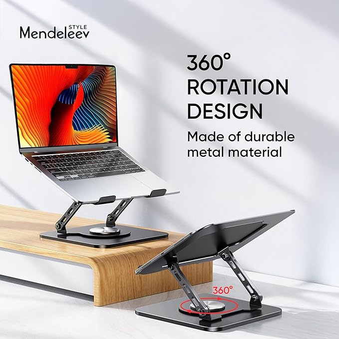 Grey Laptop Stand for Desk with 360 Rotating Base Compatible with MacBook Pro/Air Notebook up to 16 Inches Computer Stand for Laptop Ergonimic Foldable Riser for Desk