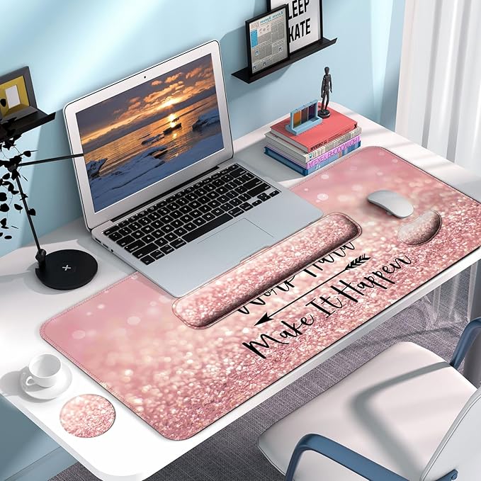 Keyboard Wrist Rest + Mouse Pad with Wrist Support + Desk Mat + Coaster 4 in 1 Set, XXL Large Gaming Mousepad Cute Ergonomic Mouse Pads for Desk Computer Laptop Office Decor-Pink Words