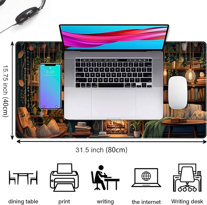 Large Mouse Pad Cozy Library, Extended Full Desk Mouse Mat Gaming Desktop Pad, Computer Keyboard Mat XXL, Vintage Office Decor Desk Laptop Cover Mat Big, Aesthetic Desk Accessories 31.5x15.7 Inch