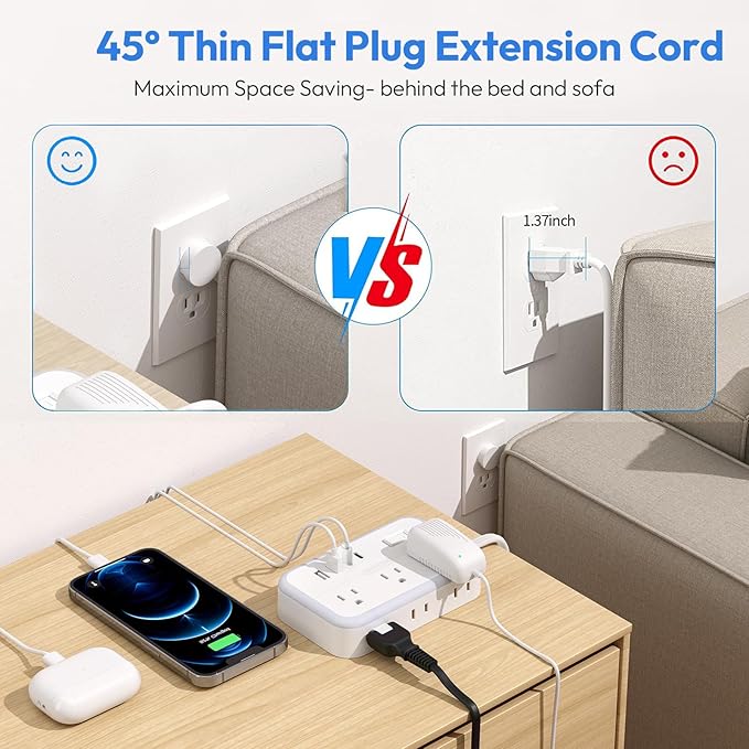 Flat Plug Extension Cord 25 ft, Power Strip, Outlet Extender with 6 Outlets 4 USB Ports, Overload Protection, Long Extension Cord with Multiple Outlets for Indoor, Home, Office, White