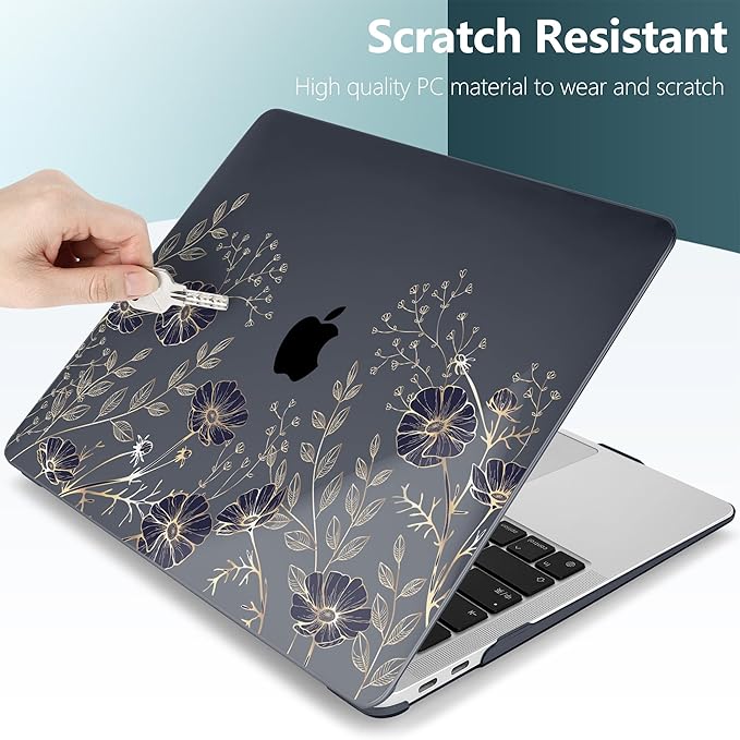 TWOLSKOO for MacBook Air 13.3 inch Case 2021 2020 2019 2018 Release M1 A2337 A2179 A1932 with Touch ID, Plastic Hard Shell Case & Keyboard Cover & Type C Adapter, Golden Flowers