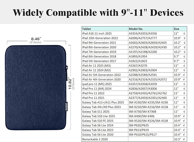 TiMOVO 9-11" Tablet Sleeve Bag for iPad 11-inch A16 2025, iPad 10.9"/10.2"| Air 11 Inch/5th/4th Gen. 10.9", Galaxy Tab A9+/A11Plus 11", Protective Bag Fit Smart Keyboard, Dark Blue