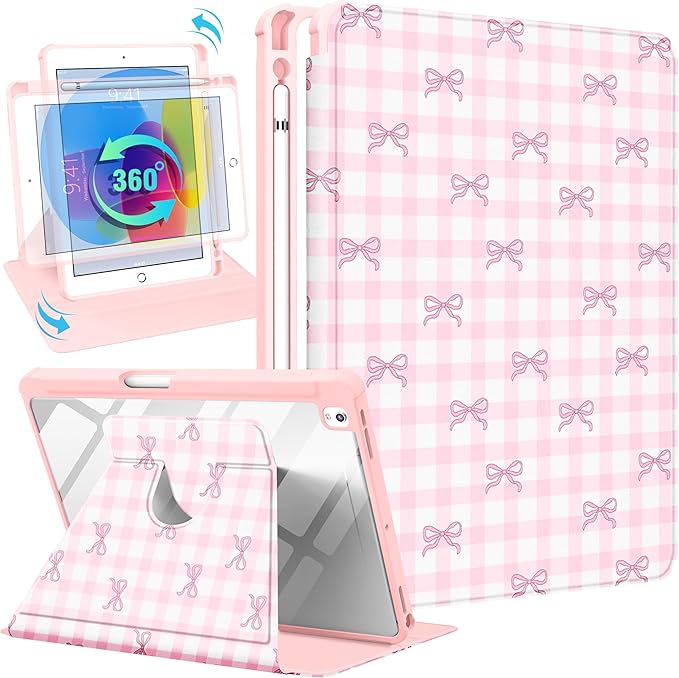 Uppuppy for iPad 9th/8th/7th Generation Case for iPad Air 3rd/ Pro 10.5” Case - 360 Rotating Stand Folio Smart Cover with Pencil Holder for Women, Pink Bow Checkered for Apple Tablet 7/8/9 Gen 10.2”