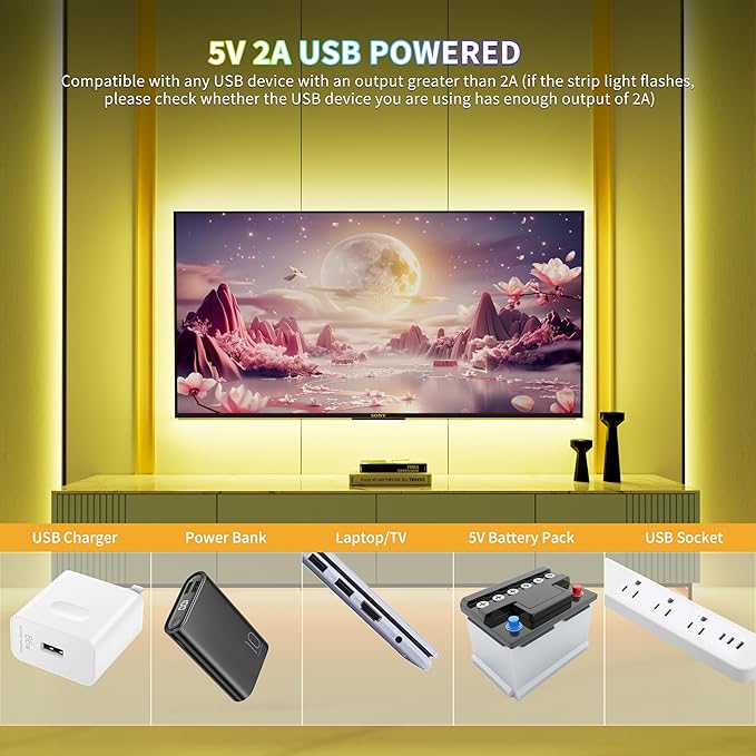 PAUTIX 5V USB RGB COB LED Strip Light 4.92ft/1.5m Color Changing Strip Lights,TV Backlight Multicolor Flexible Under Cabinet Tape Lights with Bluetooth Control for Bedroom,Kitchen,Home DIY Lighting