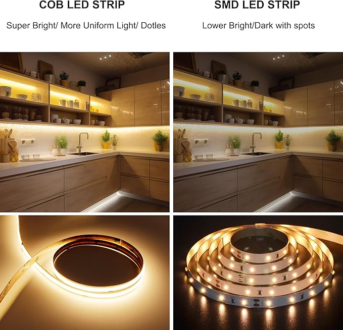 AXMOTUT 32.8ft COB LED Strip Light Warm White, High Bright LED Strips with 320LEDs, RF Remote and UL Power Supply, 2700K Dimmable LED Lights for Bedroom,Kitchen, DIY Home Decoration, 2 Rolls of 16.4ft