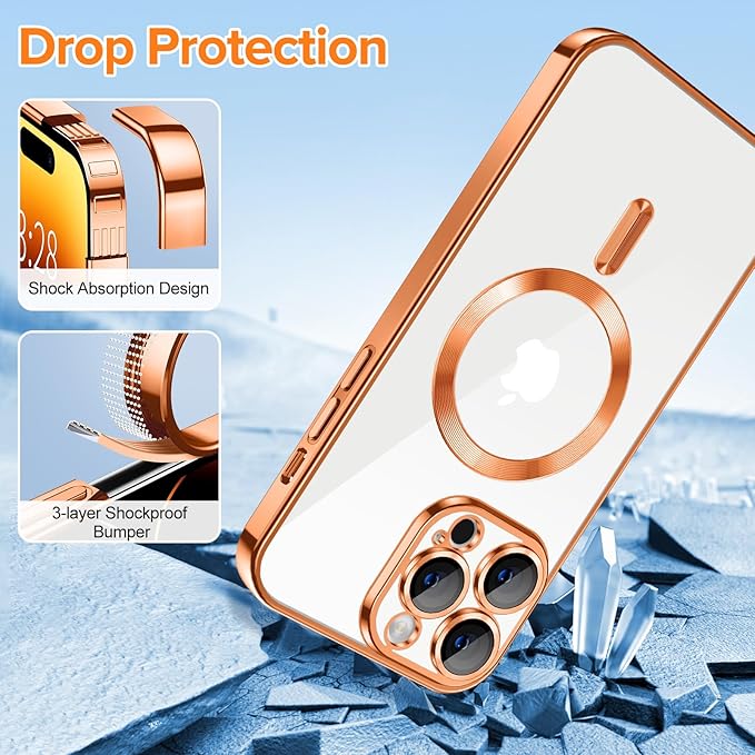 Hython Magnetic Clear for iPhone 14 Pro Case with Camera Lens Protector [Compatible with MagSafe] Luxury Plating Edge Slim Soft TPU Cover Protective Phone Case for iPhone 14 Pro 6.1", Orange